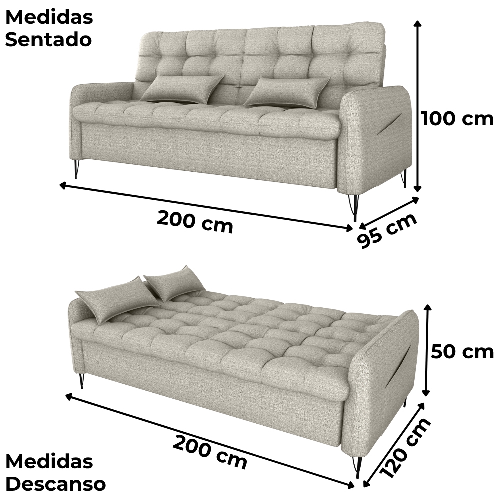 Sofa Cama 2 Lugares 200cm Pillar Linho Vancouver E483 Bege Milani Store