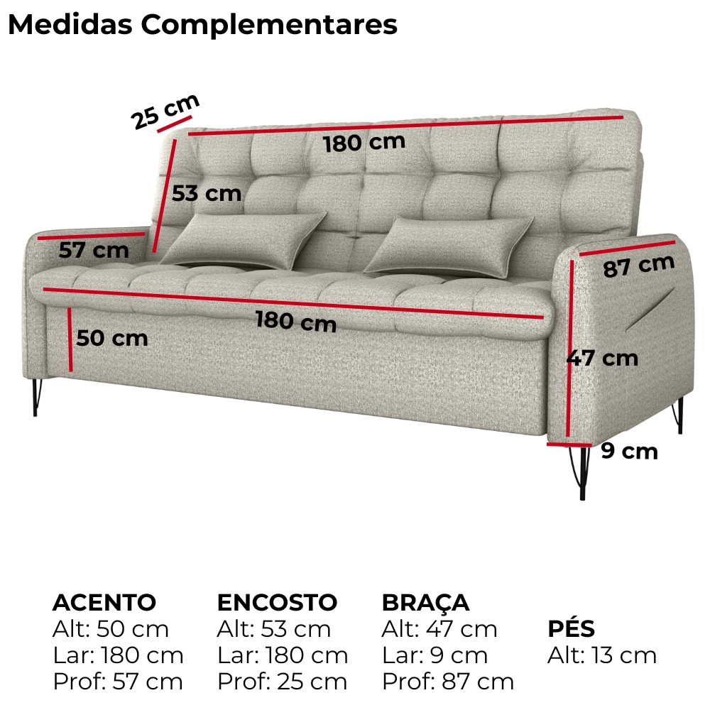 Sofa Cama 2 Lugares 200cm Pillar Linho Vancouver E483 Bege Milani Store