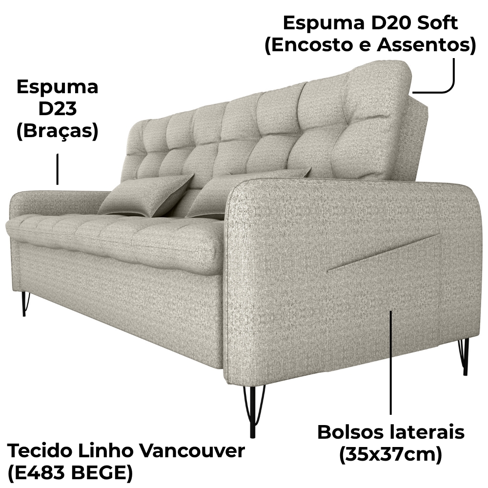 Sofa Cama 2 Lugares 200cm Pillar Linho Vancouver E483 Bege Milani Store