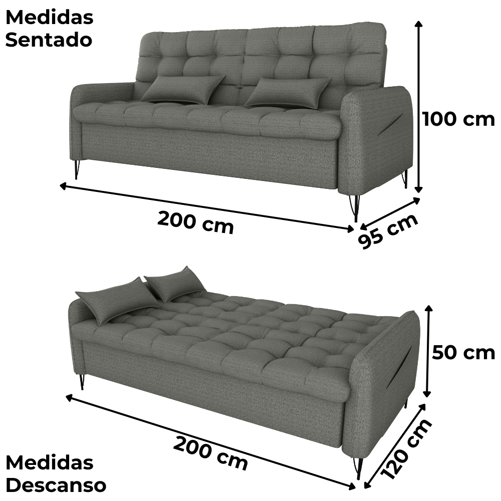 Sofa Cama 2 Lugares 200cm Pillar Linho Vancouver E484 Chumbo Milani Store