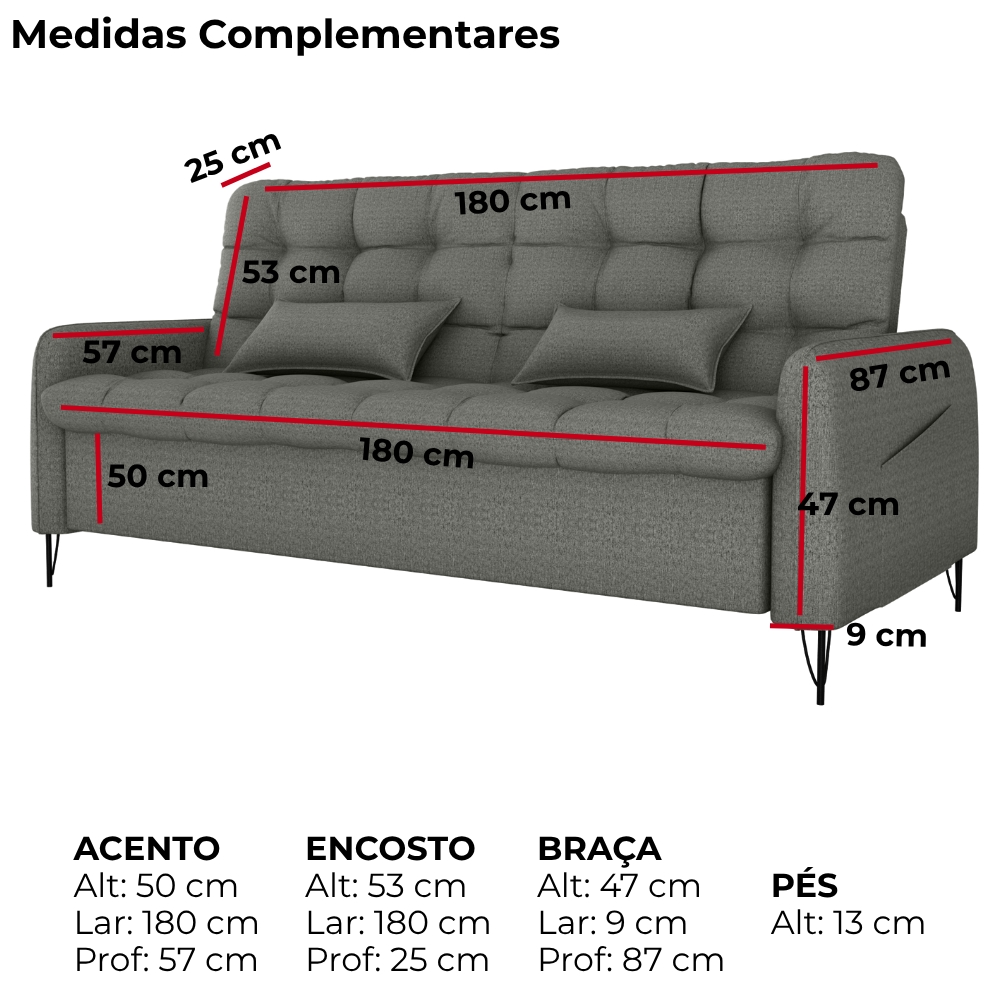 Sofa Cama 2 Lugares 200cm Pillar Linho Vancouver E484 Chumbo Milani Store