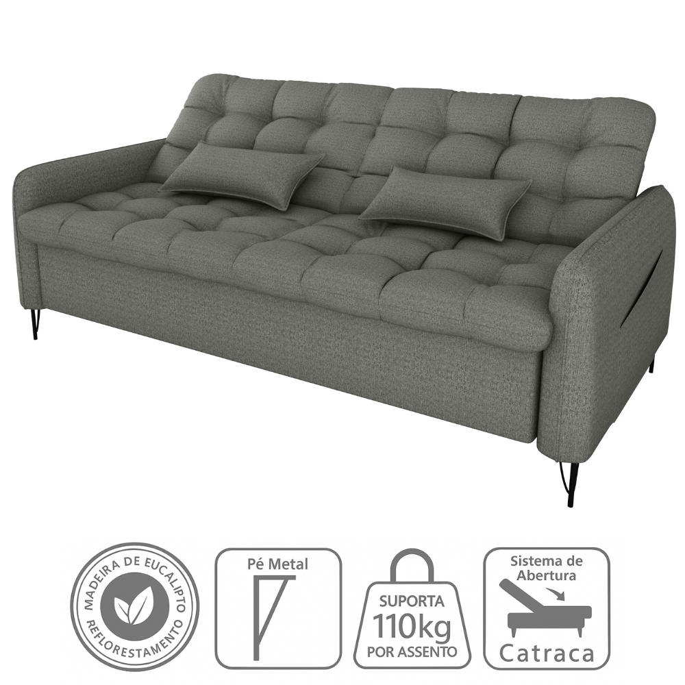 Sofa Cama 2 Lugares 200cm Pillar Linho Vancouver E484 Chumbo Milani Store