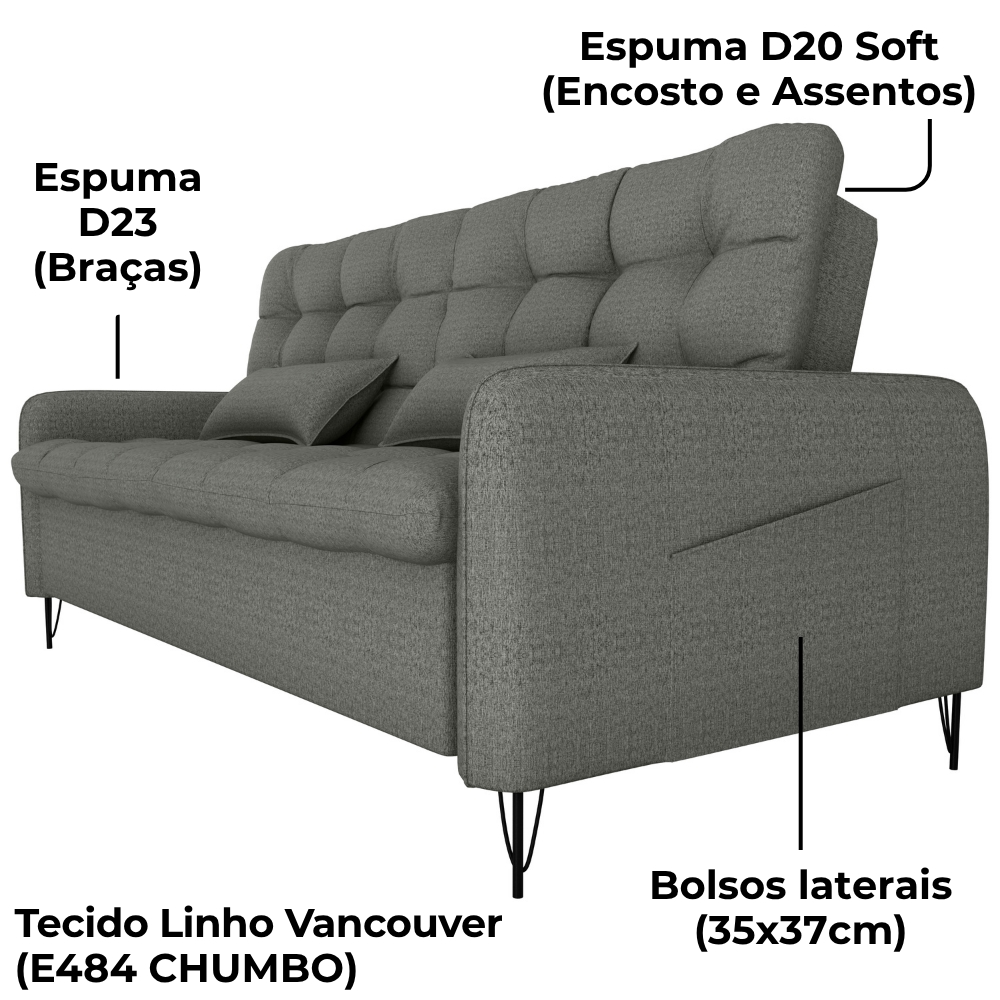Sofa Cama 2 Lugares 200cm Pillar Linho Vancouver E484 Chumbo Milani Store