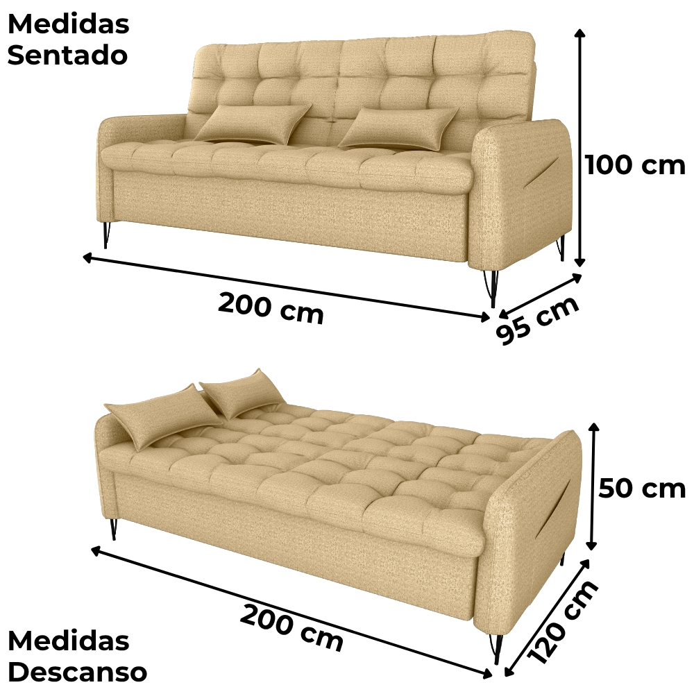 Sofa Cama 2 Lugares 200cm Pillar Linho Vancouver E486 Palha Milani Store
