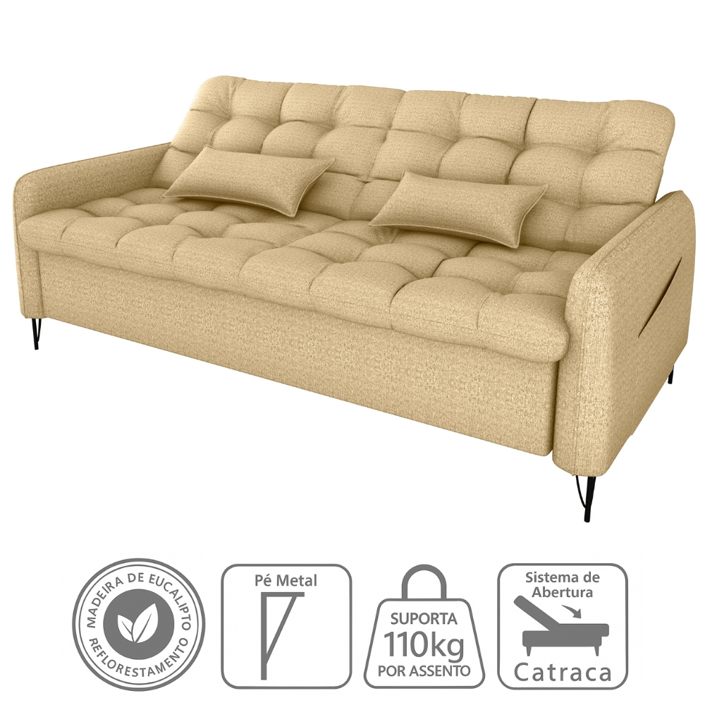 Sofa Cama 2 Lugares 200cm Pillar Linho Vancouver E486 Palha Milani Store