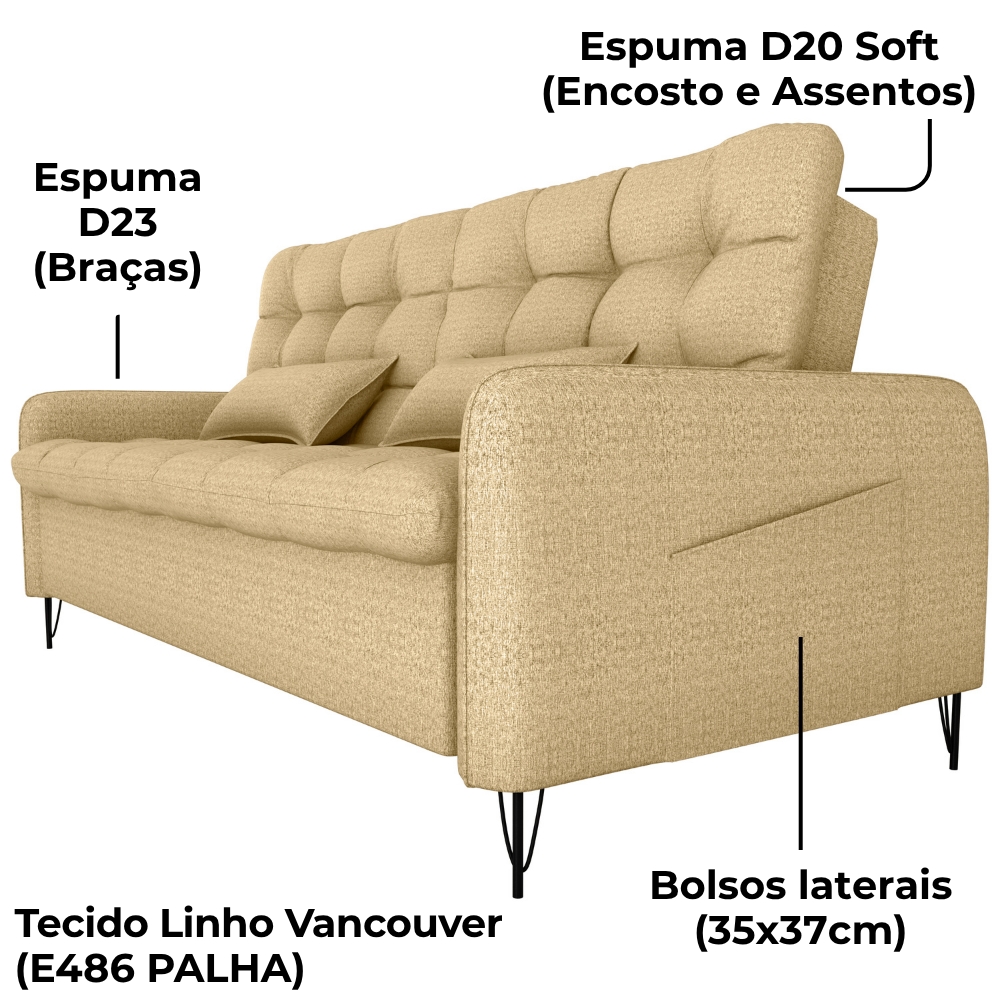 Sofa Cama 2 Lugares 200cm Pillar Linho Vancouver E486 Palha Milani Store