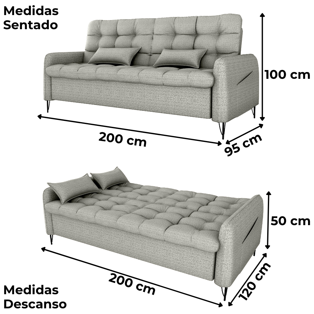 Sofa Cama 2 Lugares 200cm Pillar Linho Vancouver E487 Cinza Milani Store