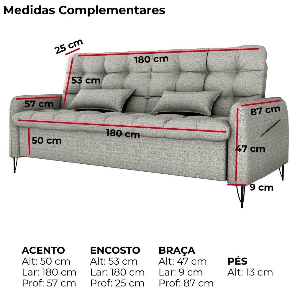 Sofa Cama 2 Lugares 200cm Pillar Linho Vancouver E487 Cinza Milani Store