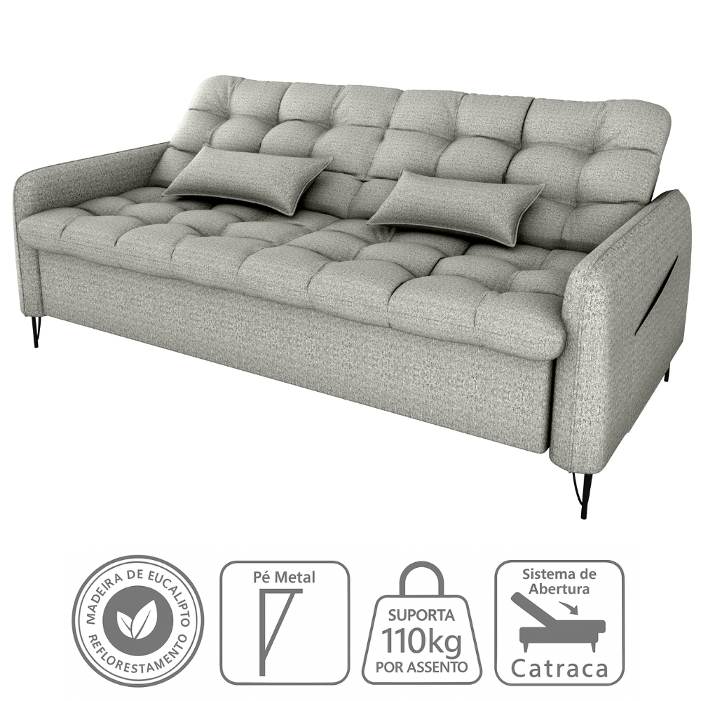 Sofa Cama 2 Lugares 200cm Pillar Linho Vancouver E487 Cinza Milani Store