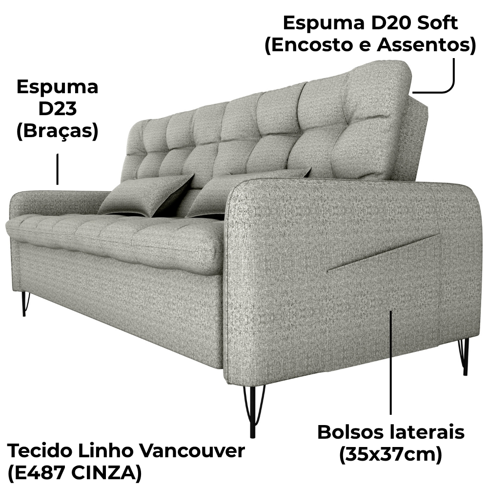 Sofa Cama 2 Lugares 200cm Pillar Linho Vancouver E487 Cinza Milani Store