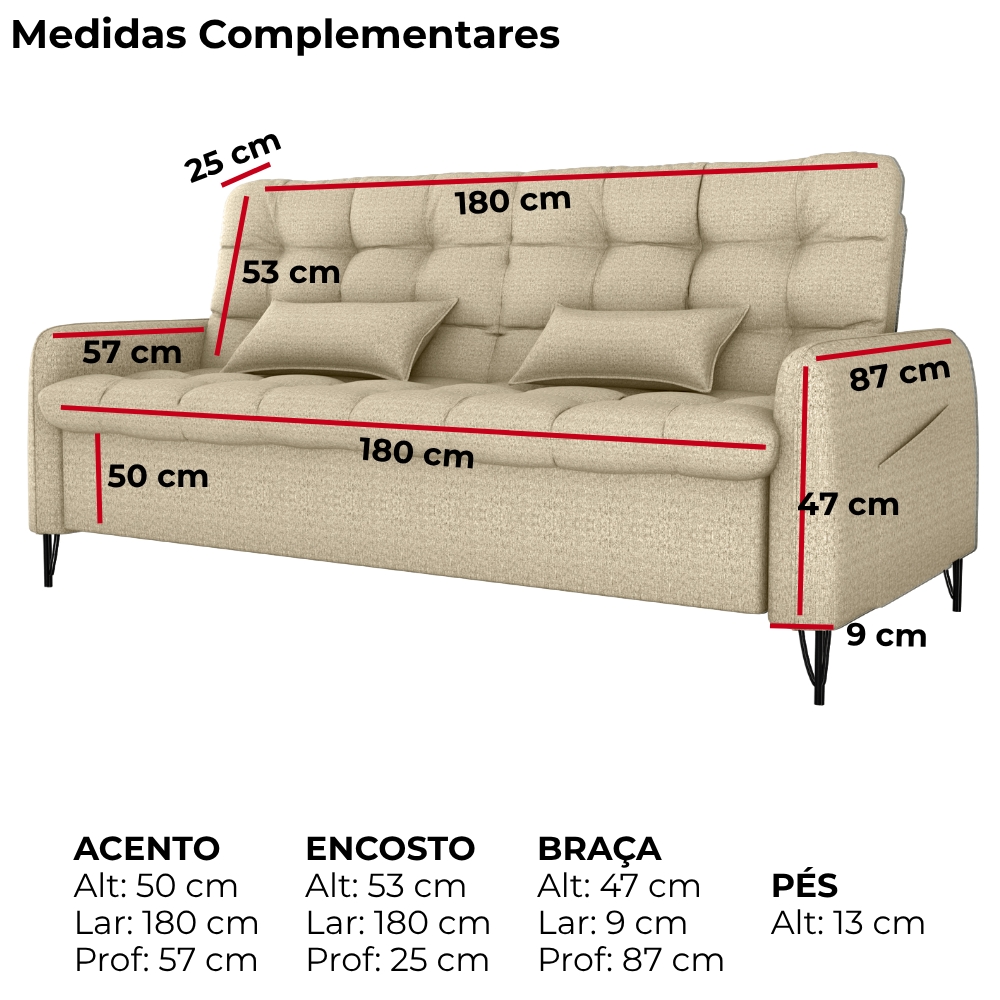 Sofa Cama 2 Lugares 200cm Pillar Linho Vancouver E488 Palha Milani Store