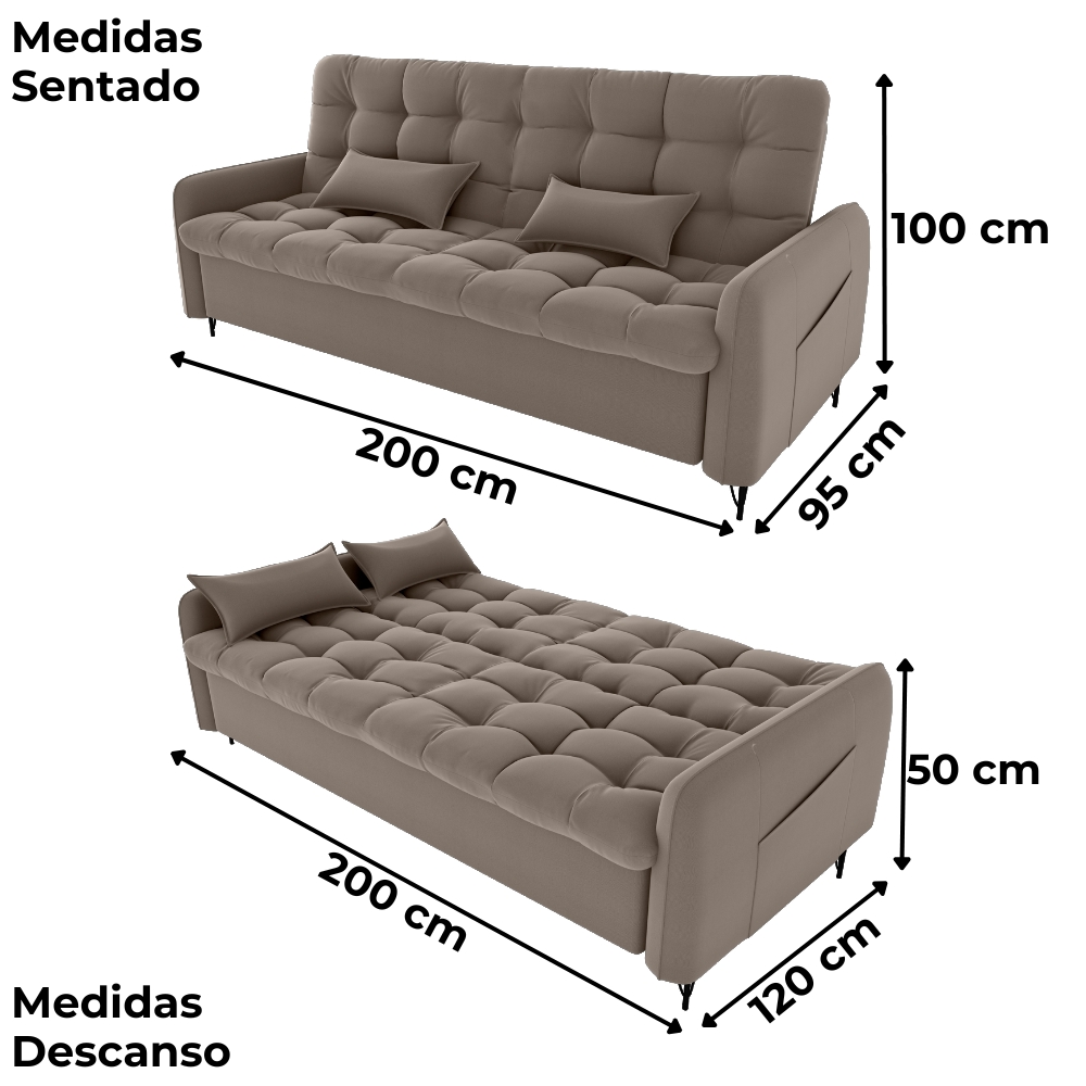 Sofa Cama 2 Lugares 200cm Pillar Veludo E400 Marrom Claro Milani Store