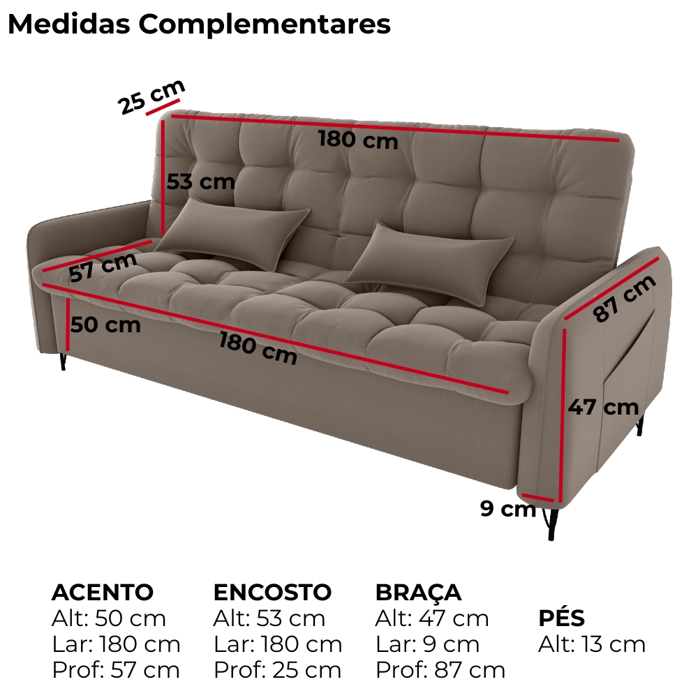 Sofa Cama 2 Lugares 200cm Pillar Veludo E400 Marrom Claro Milani Store