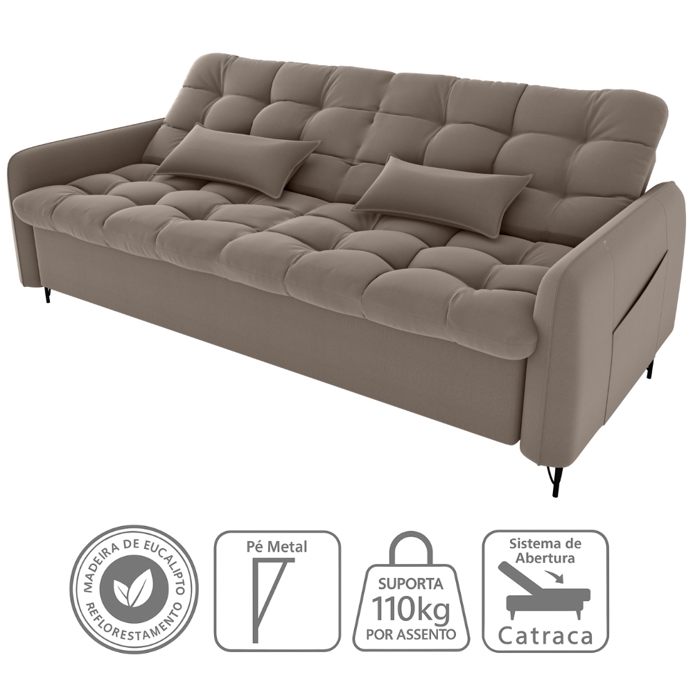 Sofa Cama 2 Lugares 200cm Pillar Veludo E400 Marrom Claro Milani Store