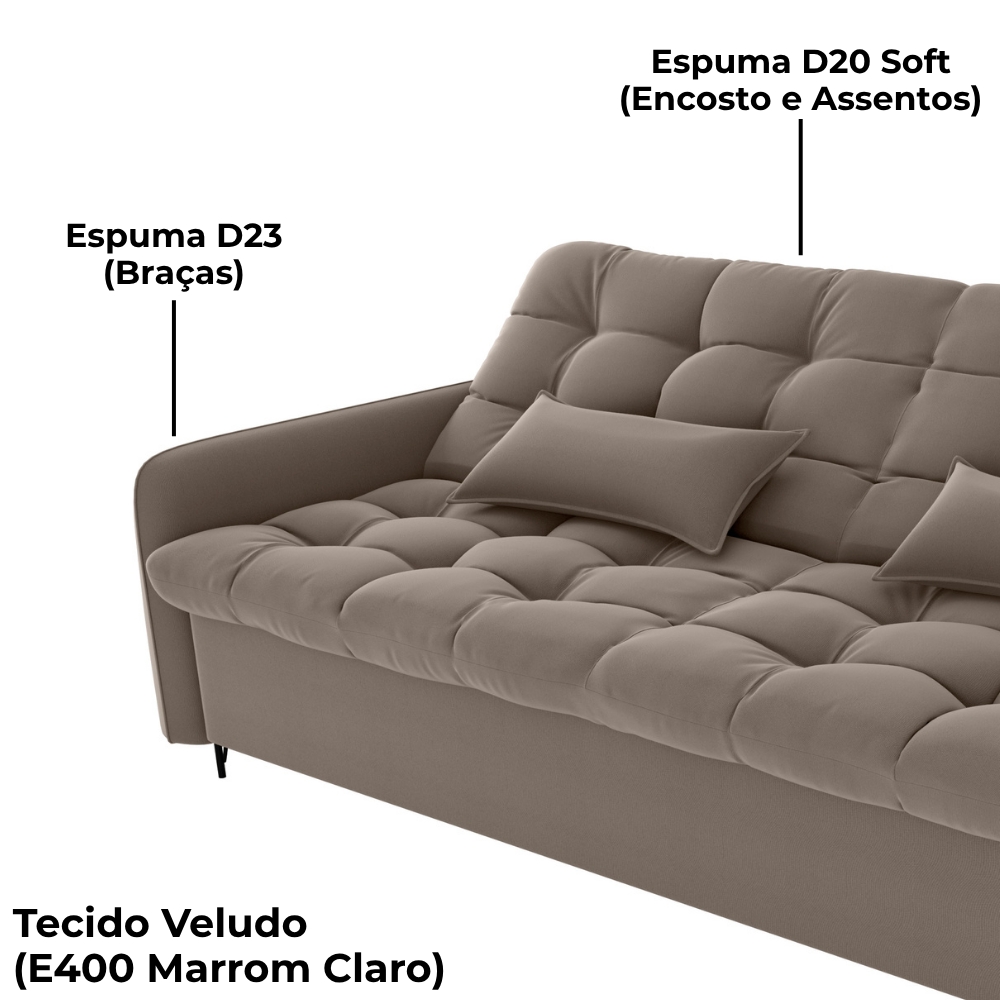 Sofa Cama 2 Lugares 200cm Pillar Veludo E400 Marrom Claro Milani Store
