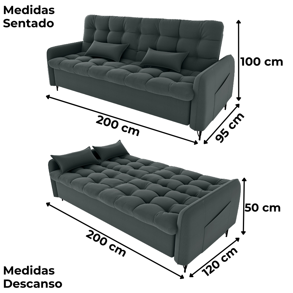 Sofa Cama 2 Lugares 200cm Pillar Veludo E401 Chumbo Milani Store