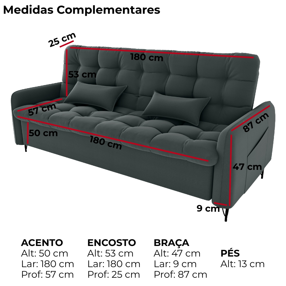 Sofa Cama 2 Lugares 200cm Pillar Veludo E401 Chumbo Milani Store