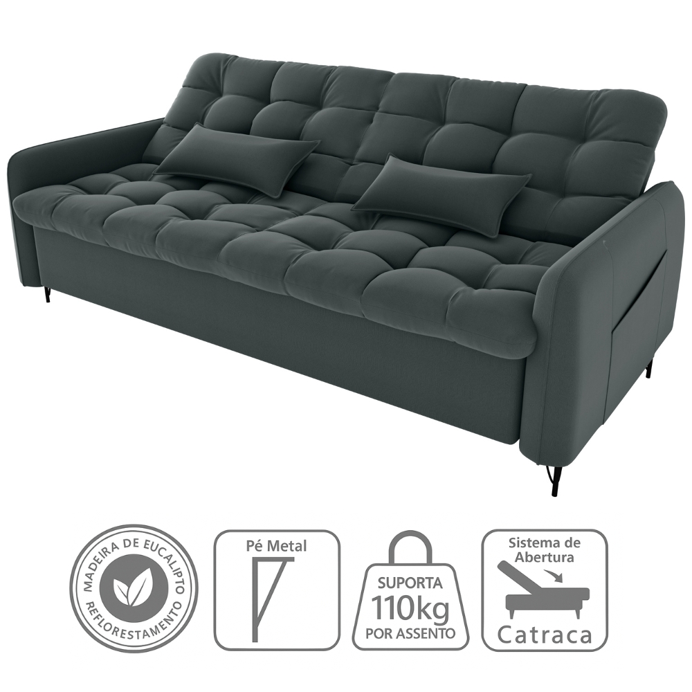 Sofa Cama 2 Lugares 200cm Pillar Veludo E401 Chumbo Milani Store