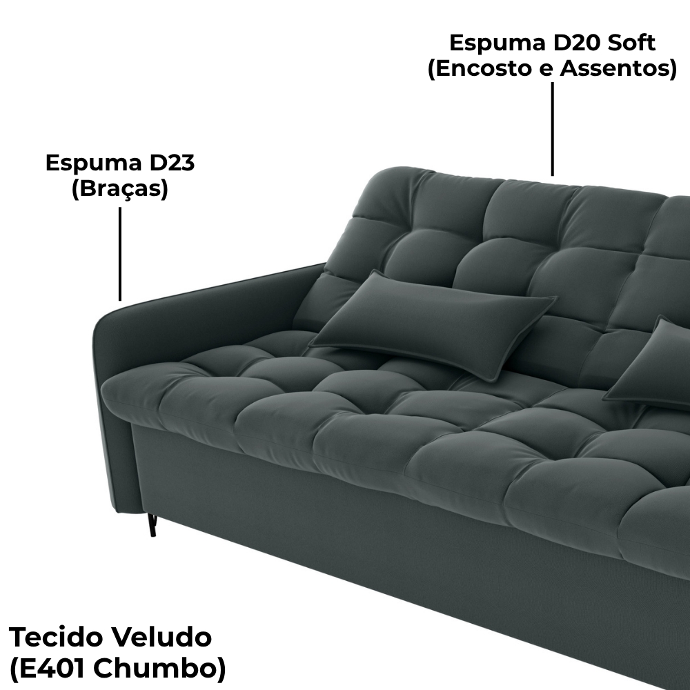 Sofa Cama 2 Lugares 200cm Pillar Veludo E401 Chumbo Milani Store