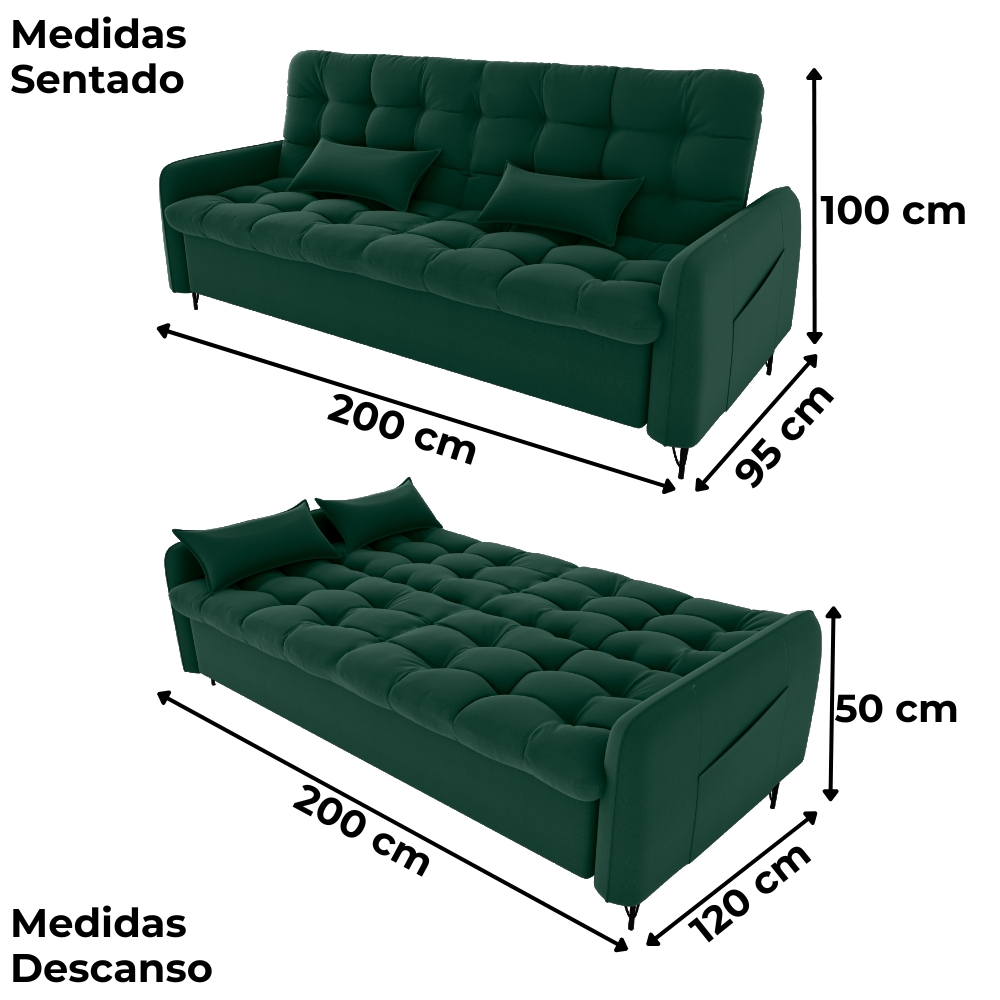 Sofa Cama 2 Lugares 200cm Pillar Veludo E402 Verde Milani Store