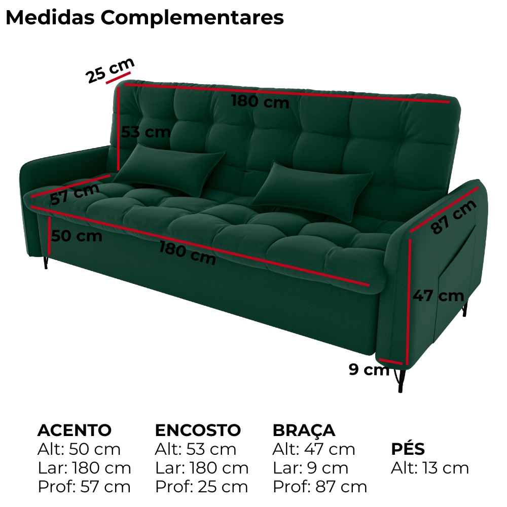 Sofa Cama 2 Lugares 200cm Pillar Veludo E402 Verde Milani Store