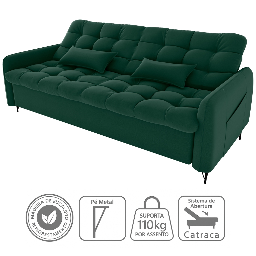 Sofa Cama 2 Lugares 200cm Pillar Veludo E402 Verde Milani Store