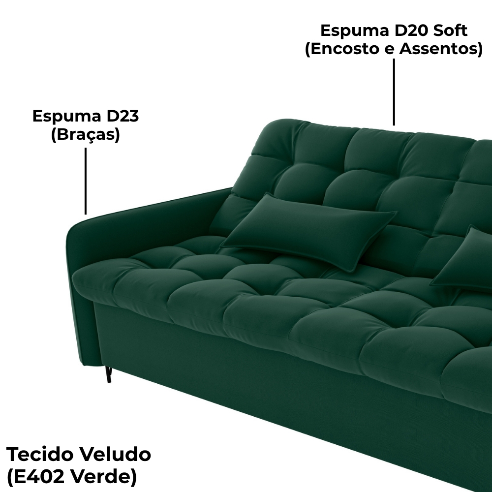 Sofa Cama 2 Lugares 200cm Pillar Veludo E402 Verde Milani Store