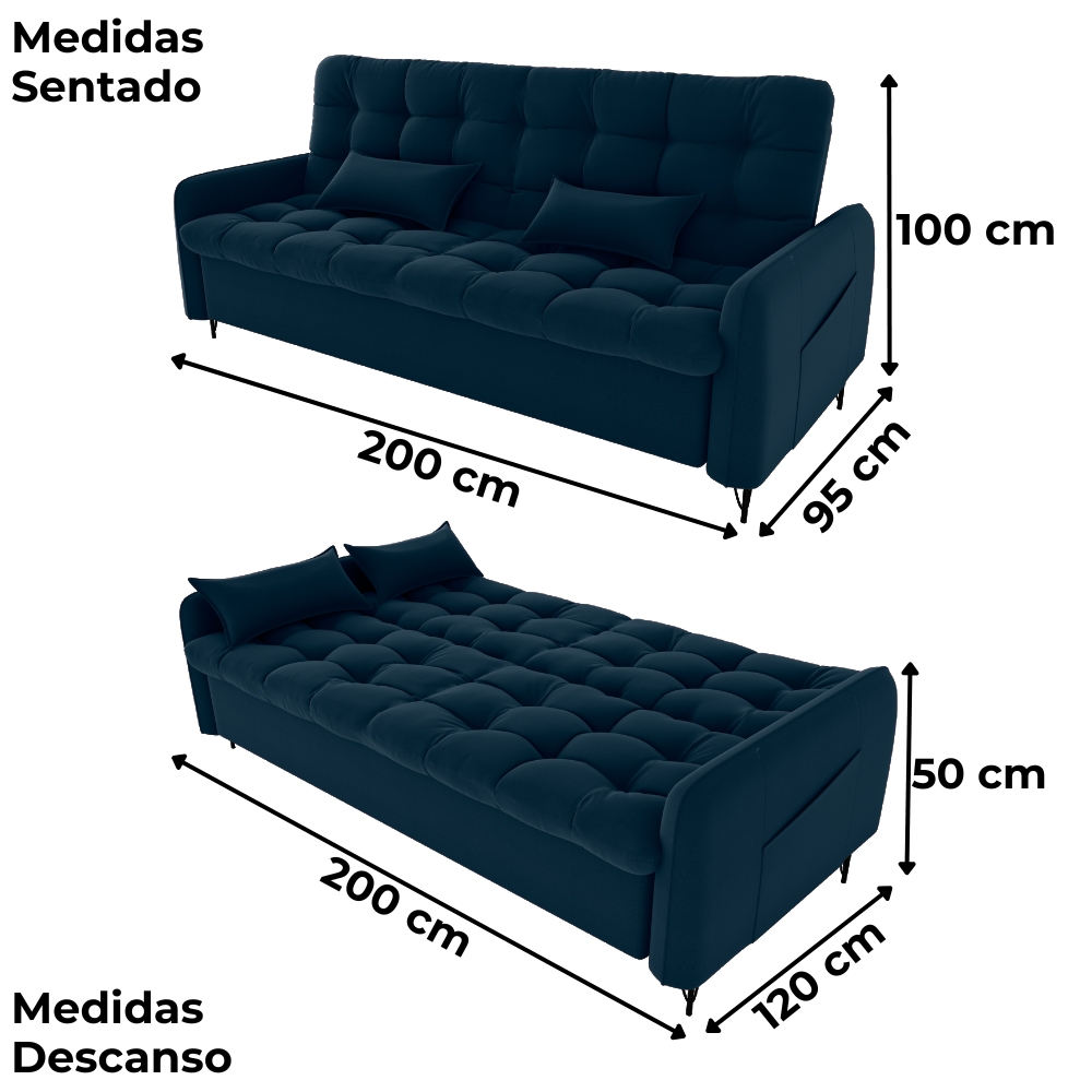 Sofa Cama 2 Lugares 200cm Pillar Veludo E403 Azul Milani Store