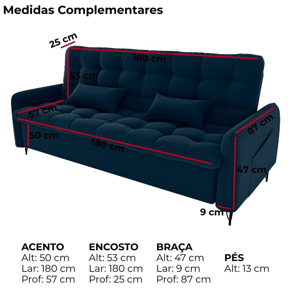 Sofa Cama 2 Lugares 200cm Pillar Veludo E403 Azul Milani Store
