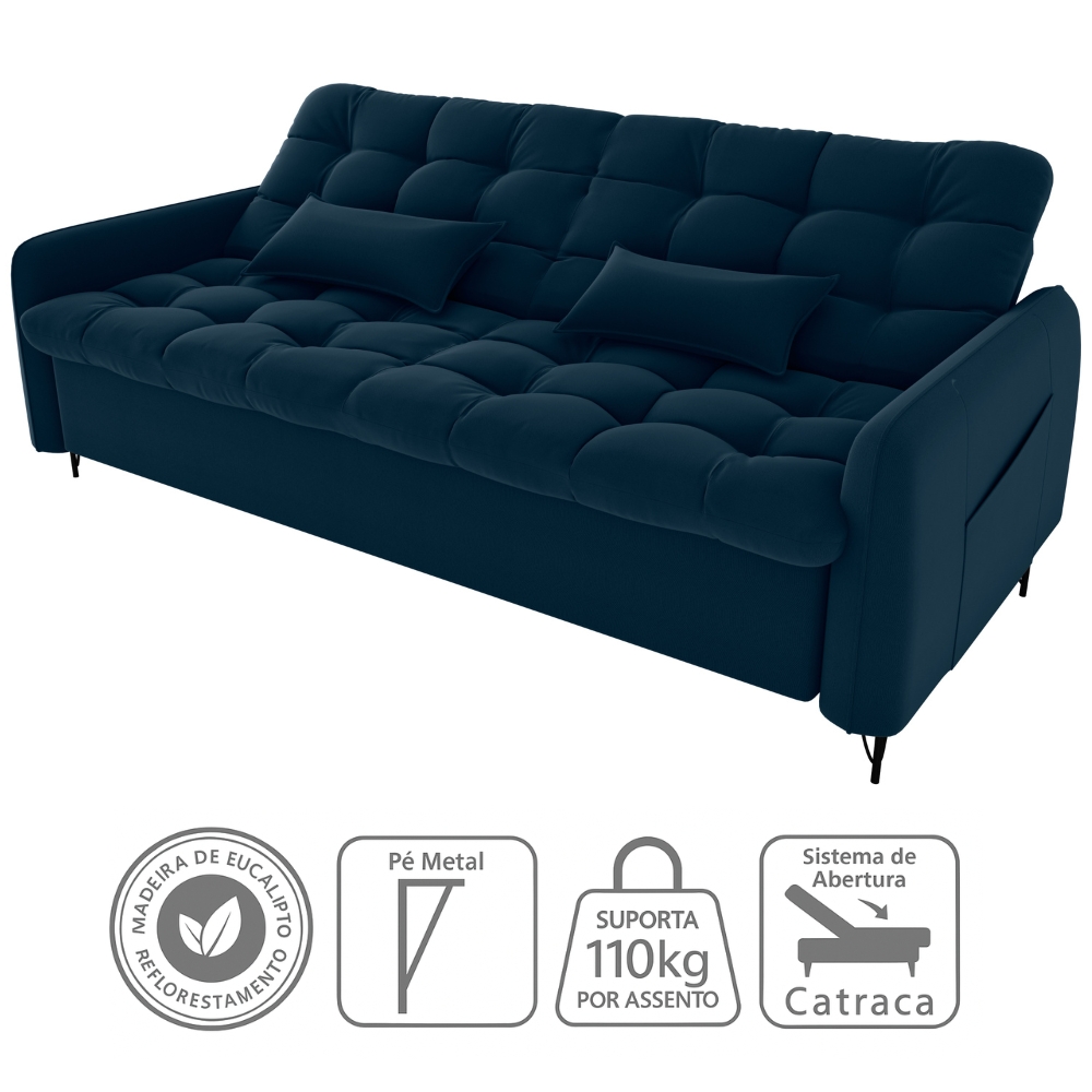 Sofa Cama 2 Lugares 200cm Pillar Veludo E403 Azul Milani Store
