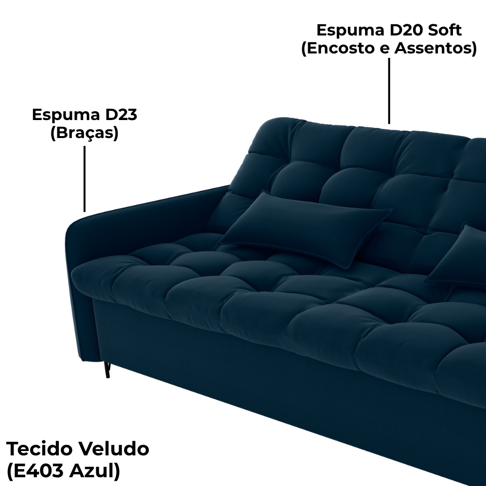 Sofa Cama 2 Lugares 200cm Pillar Veludo E403 Azul Milani Store