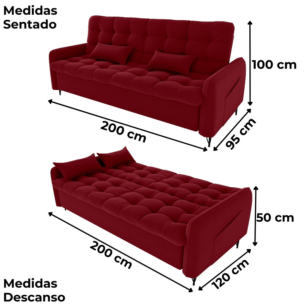 Sofa Cama 2 Lugares 200cm Pillar Veludo E404 Vermelho Milani Store