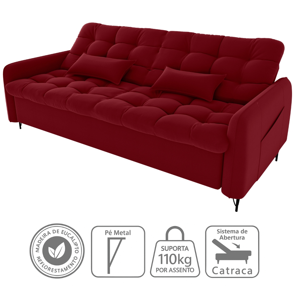 Sofa Cama 2 Lugares 200cm Pillar Veludo E404 Vermelho Milani Store