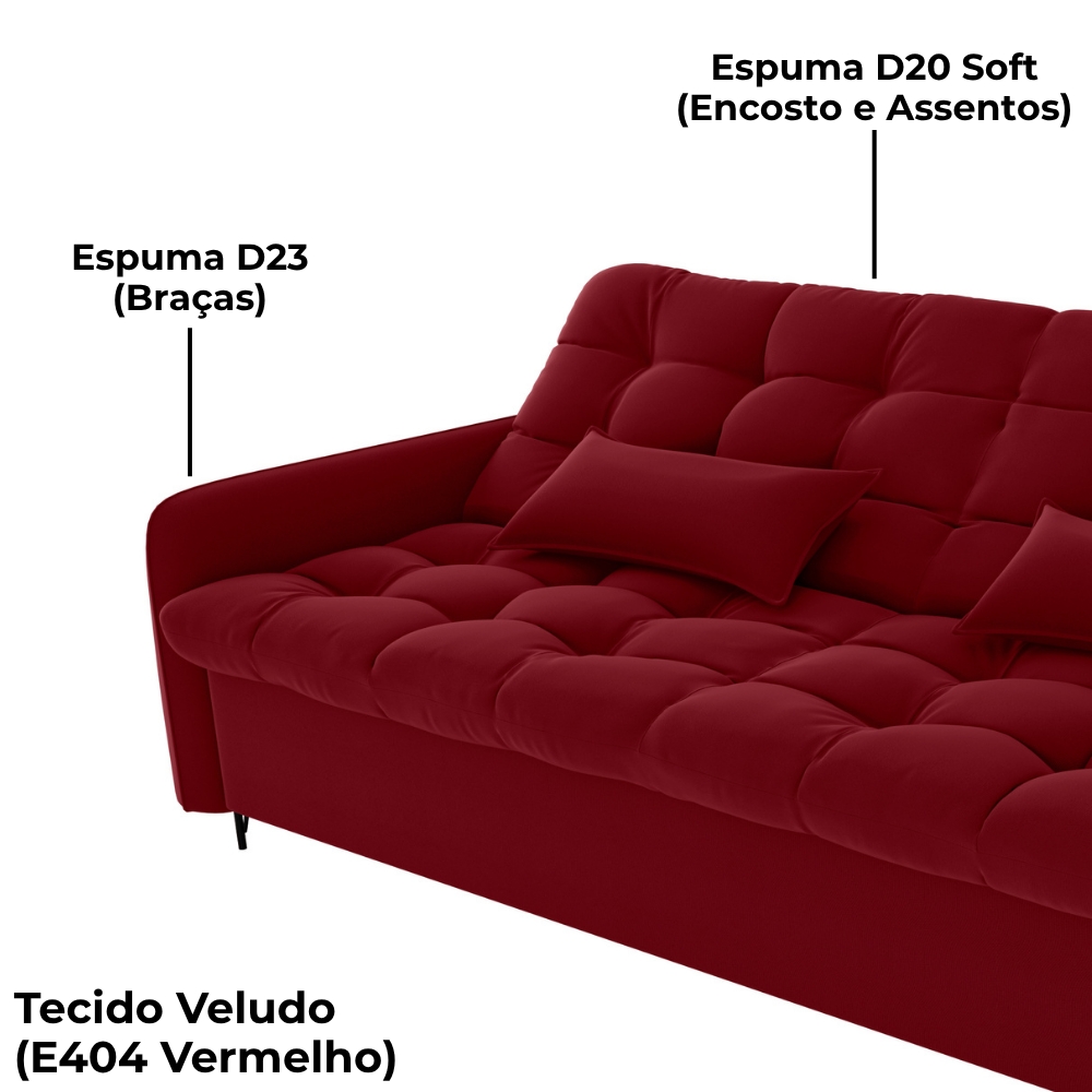 Sofa Cama 2 Lugares 200cm Pillar Veludo E404 Vermelho Milani Store
