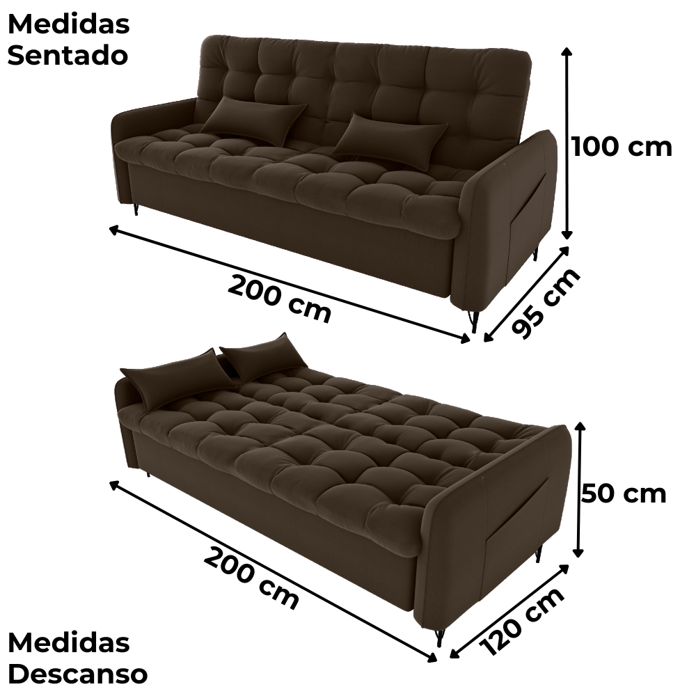 Sofa Cama 2 Lugares 200cm Pillar Veludo E405 Marrom Milani Store