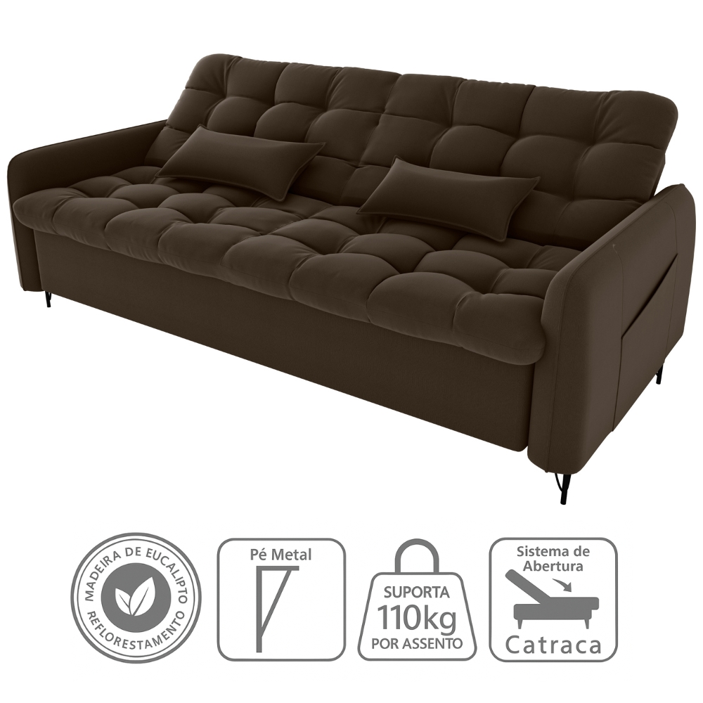 Sofa Cama 2 Lugares 200cm Pillar Veludo E405 Marrom Milani Store