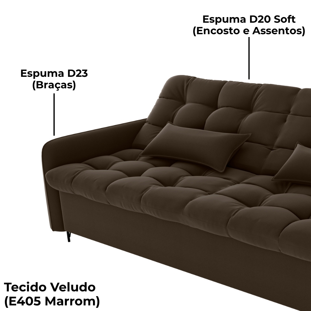 Sofa Cama 2 Lugares 200cm Pillar Veludo E405 Marrom Milani Store