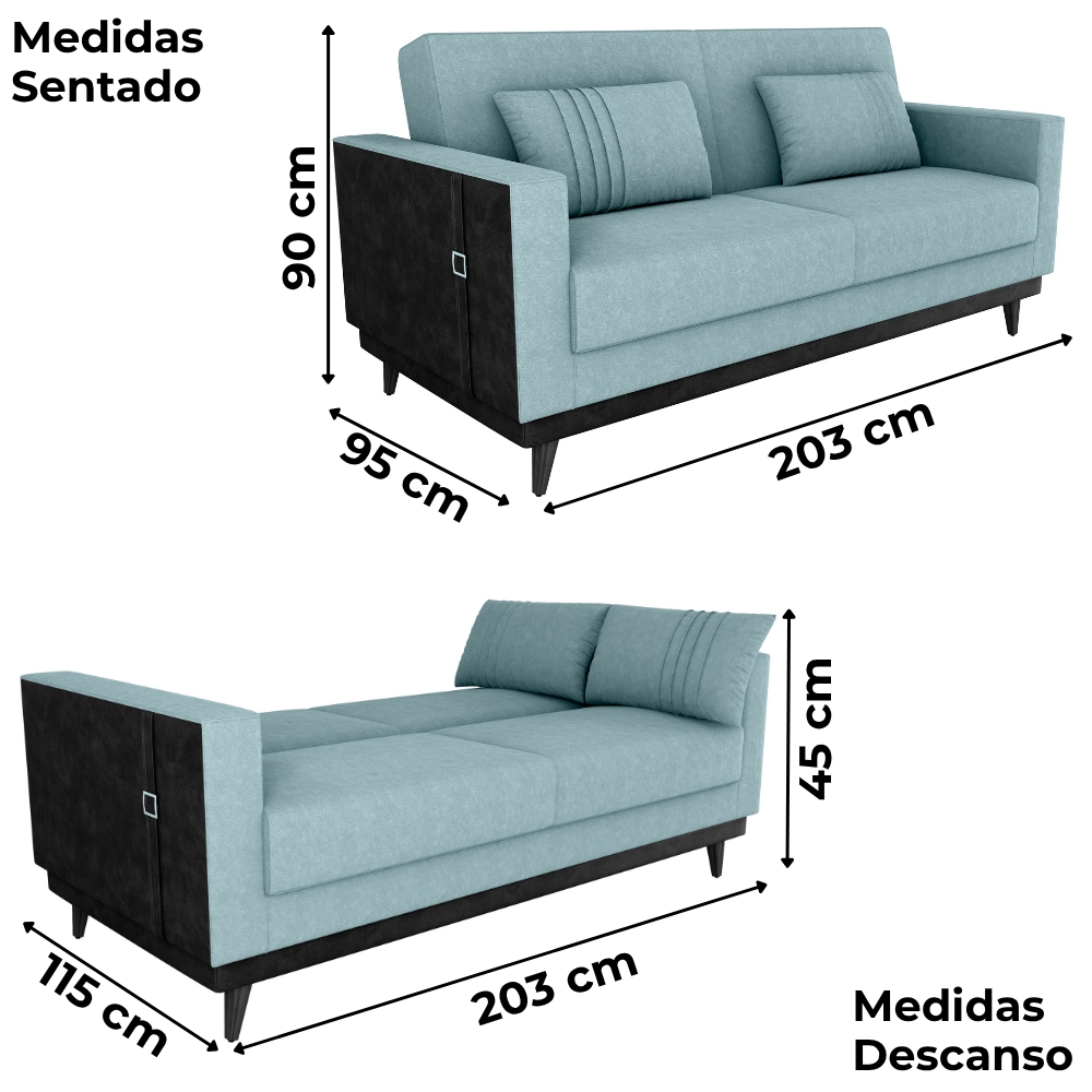 Sofa Cama 2 Lugares 203 cm Boucle Azul Corino Preto Milani Store