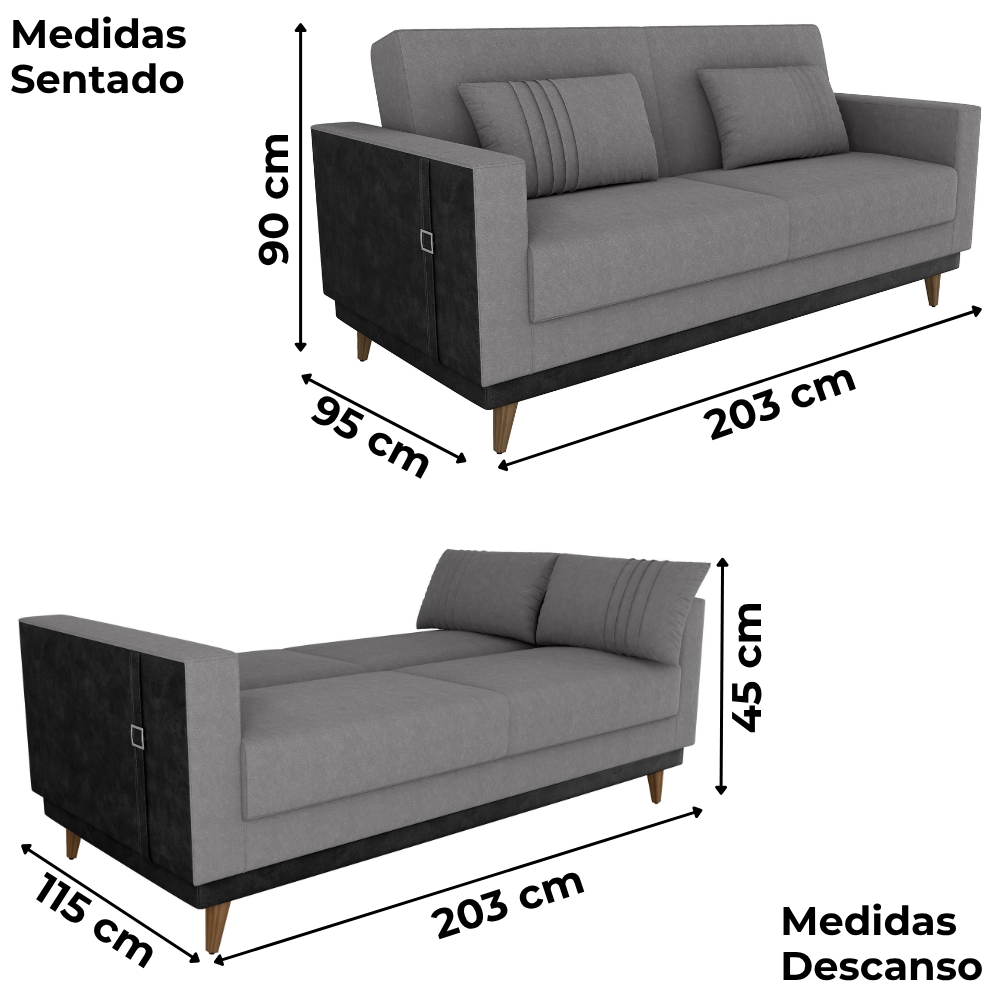 Sofa Cama 2 Lugares 203 cm Boucle Cinza Corino Preto Milani Store
