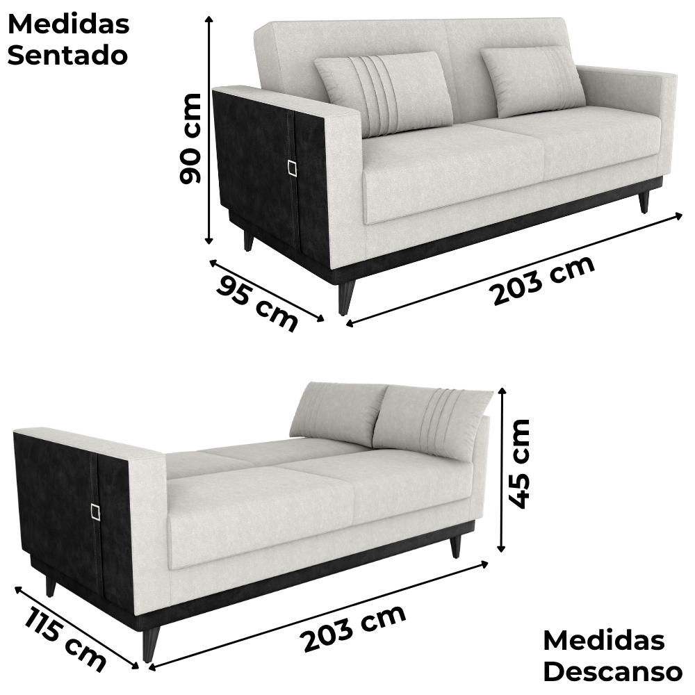 Sofa Cama 2 Lugares 203 cm Boucle Natural Corino Preto Milani Store