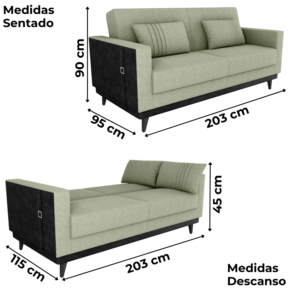 Sofa Cama 2 Lugares 203 cm Boucle Oliva Corino Preto Milani Store
