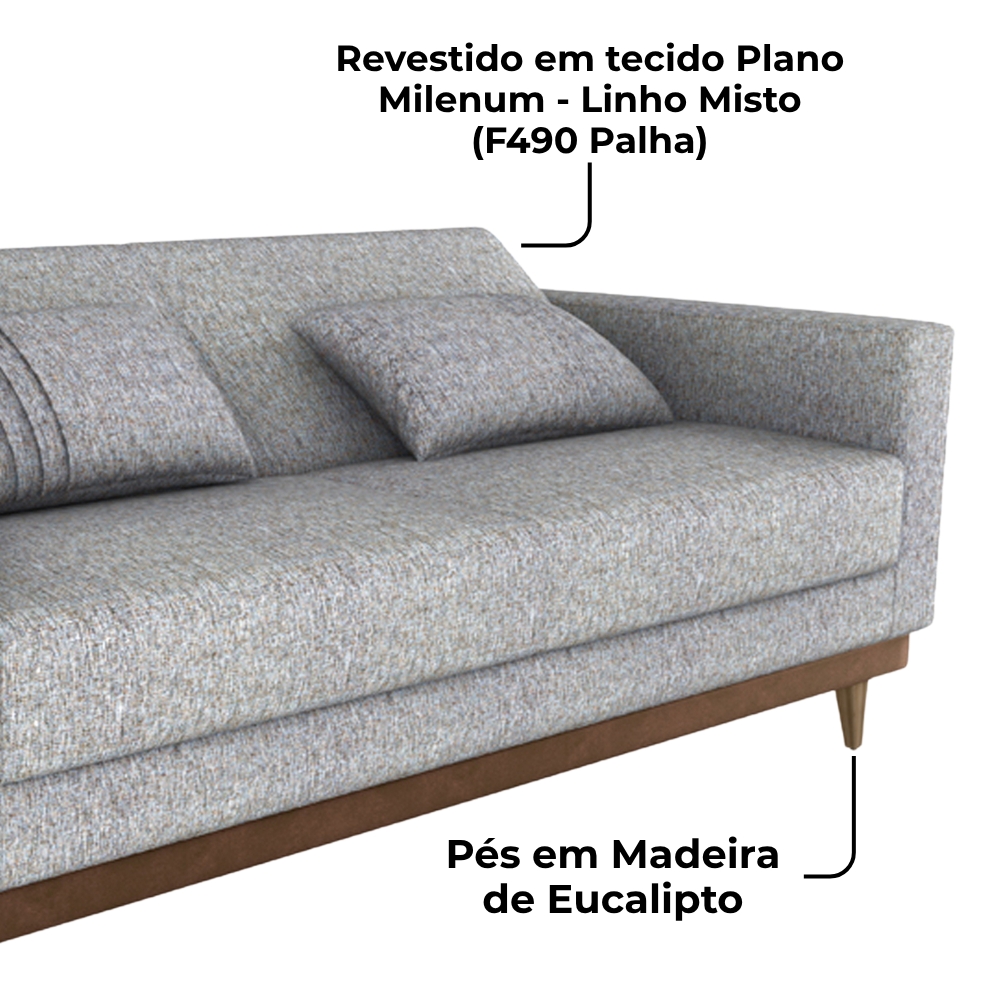Sofa Cama 2 Lugares 203 cm Linho Plano Milenum Palha Corino Whisk Milani Store