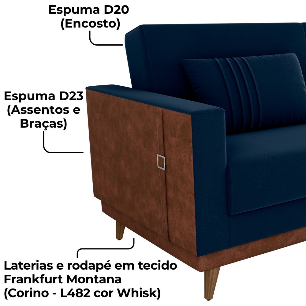 Sofa Cama 2 Lugares 203 cm Veludo Maserati Azul Corino Whisk Milani Store