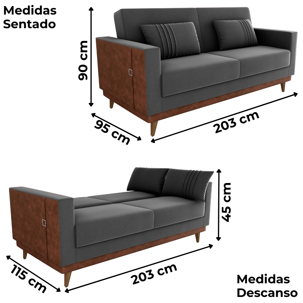 Sofa Cama 2 Lugares 203 cm Veludo Maserati Chumbo Corino Whisk Milani Store