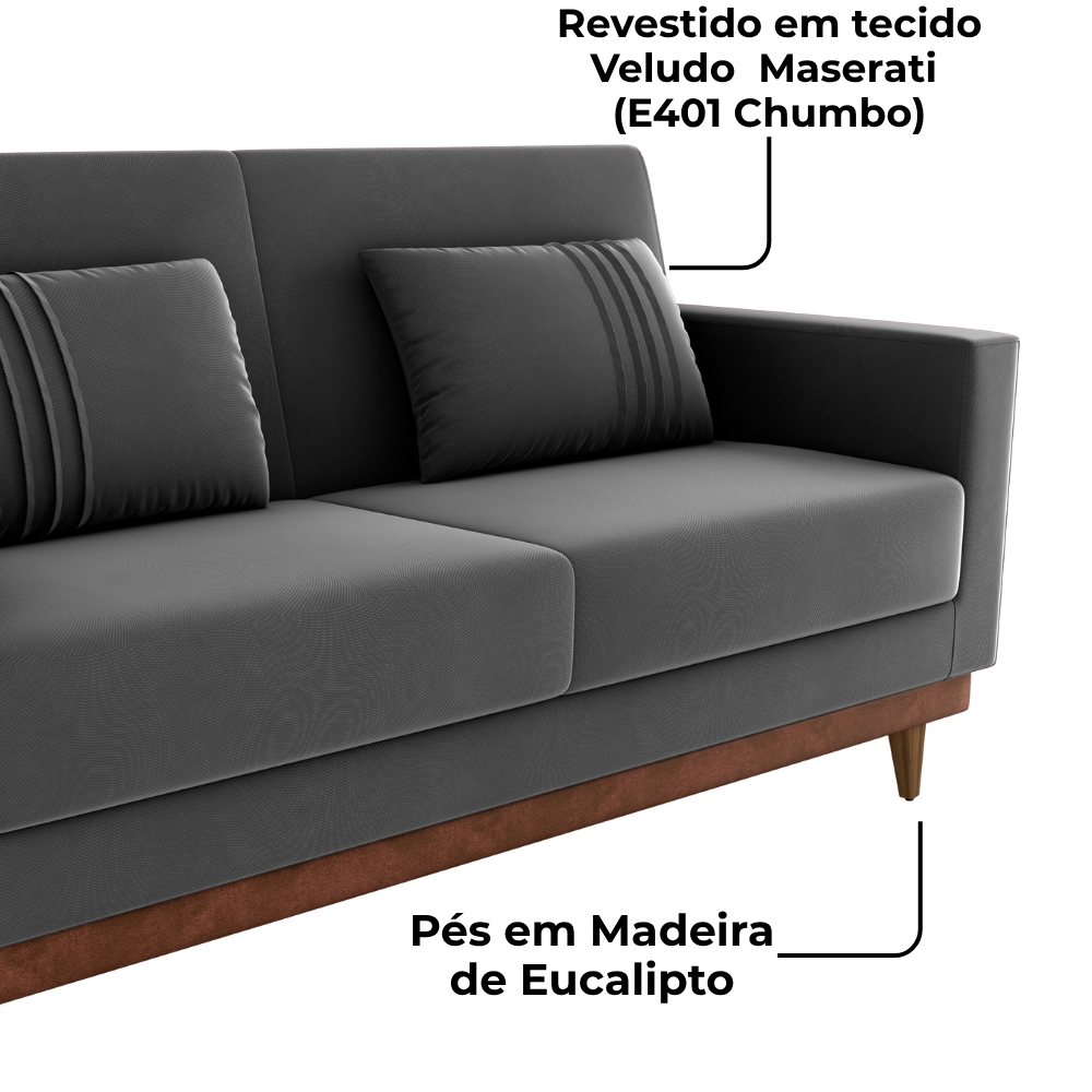 Sofa Cama 2 Lugares 203 cm Veludo Maserati Chumbo Corino Whisk Milani Store