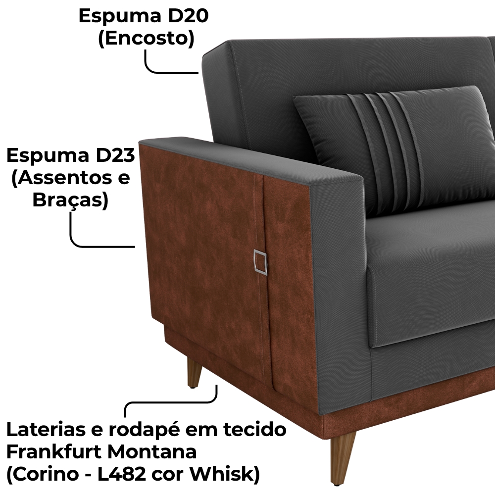 Sofa Cama 2 Lugares 203 cm Veludo Maserati Chumbo Corino Whisk Milani Store