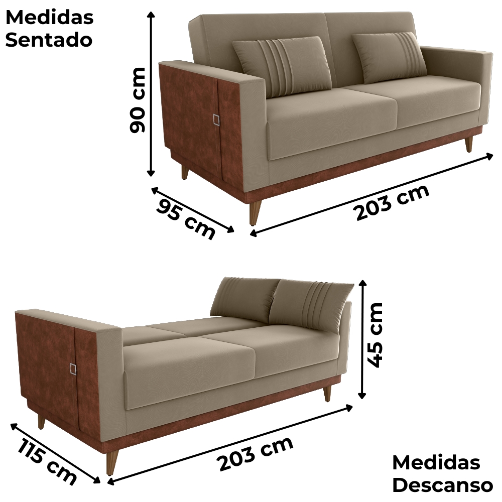 Sofa Cama 2 Lugares 203 cm Veludo Maserati Marrom Claro Corino Whisk Milani Store
