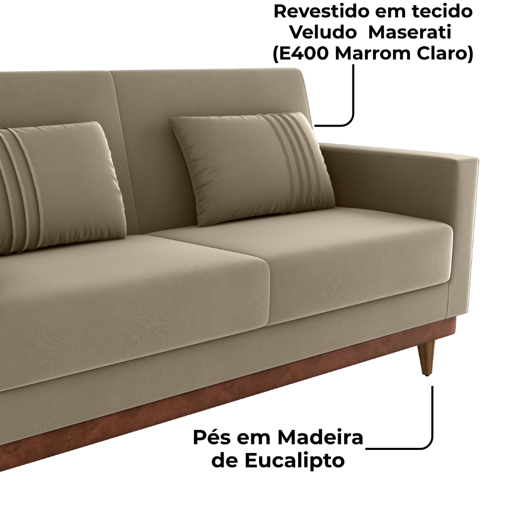 Sofa Cama 2 Lugares 203 cm Veludo Maserati Marrom Claro Corino Whisk Milani Store