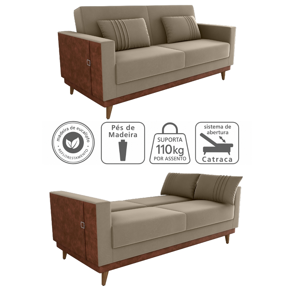 Sofa Cama 2 Lugares 203 cm Veludo Maserati Marrom Claro Corino Whisk Milani Store