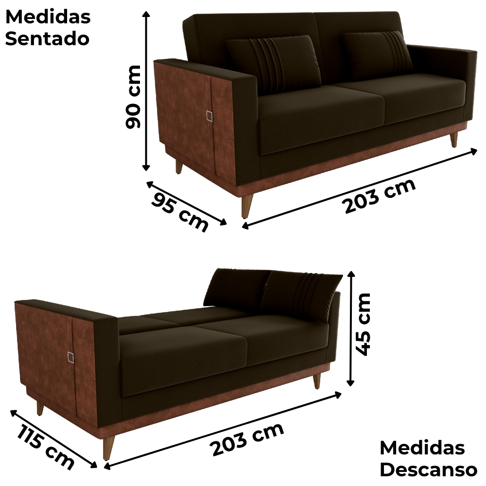 Sofa Cama 2 Lugares 203 cm Veludo Maserati Marrom Corino Whisk Milani Store